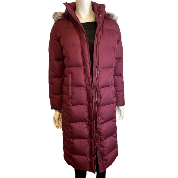 Eddie Bauer Jackets & Blazers - EDDIE BAUER Burgundy Fur Hood Long Down Coat - S